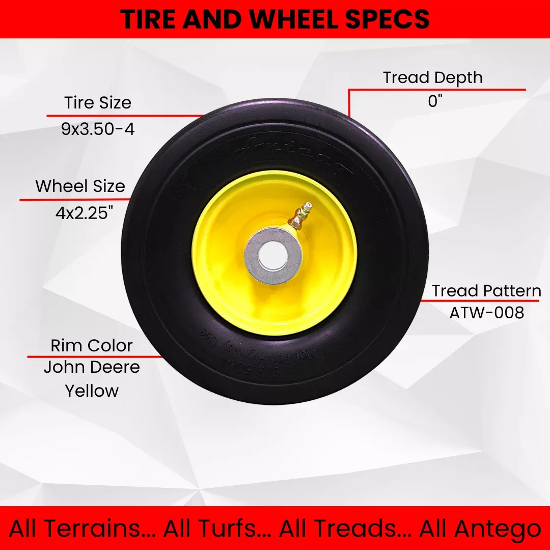 9x3.50-4 Flat Free Tire and Wheel Assemblies - Fits John Deere 38",48", 54"" AM115510, 4" Hub, 3/4" Caged Roller Bearings (Set of 2)