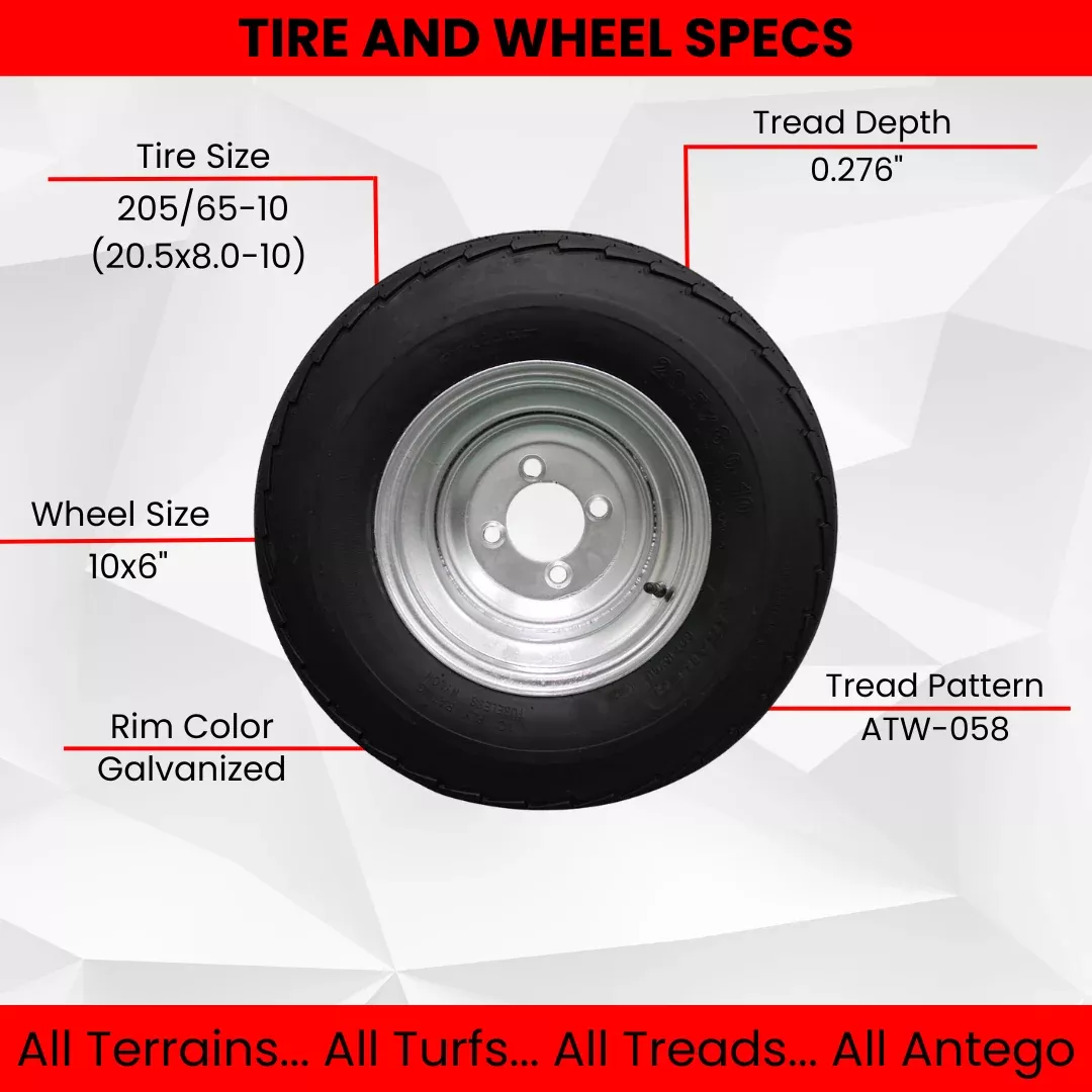 (Qty: 1) 205/65-10 20.5x8.0-10 10 ply Load Range E Super Durable Antego Trailer Tire Wheel Assy - 5 Lug White Rim