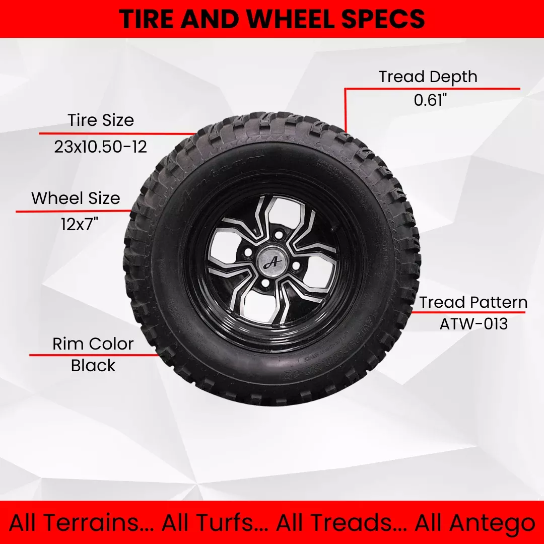 (Set of 4) 23x10.50-12 ATW-013 with 12x7 Black Fusion Golf Tire and Wheel Assemblies